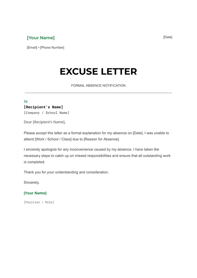 Excuse Letter — free Google Docs template