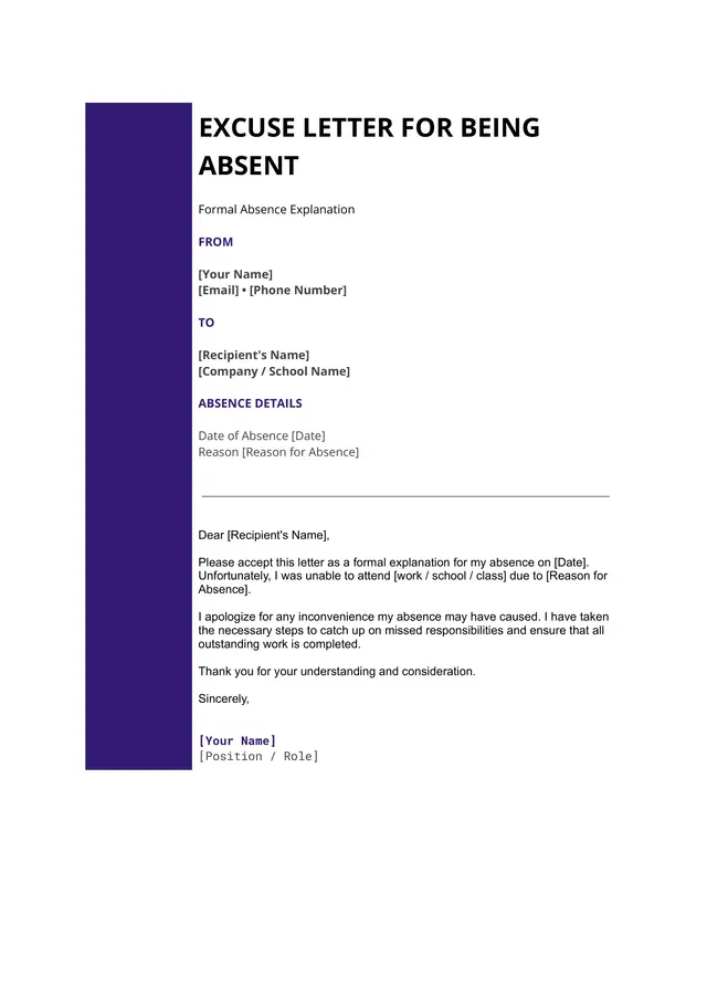 Excuse Letter for Being Absent — free Google Docs template