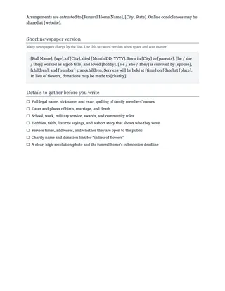 Obituary Template — free Google Docs template