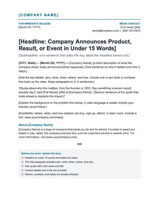 Press Release Template — free Google Docs template