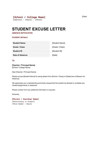 Printable School Excuse Letter — free Google Docs template