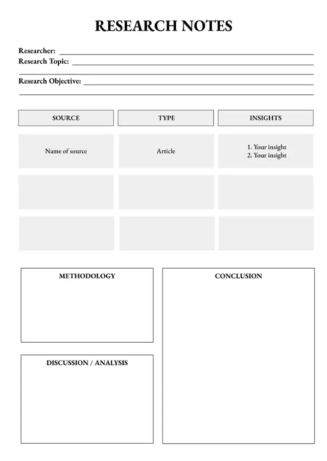 Research Notes Template — free Google Docs template