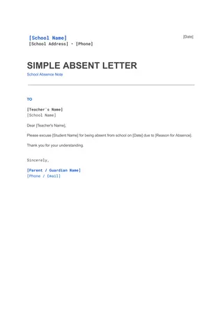Simple Absent Letter for School — free Google Docs template