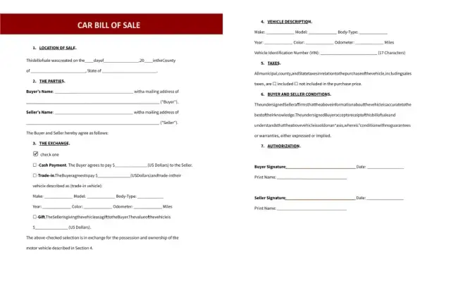 Car Bill of Sale Template — free Google Docs template