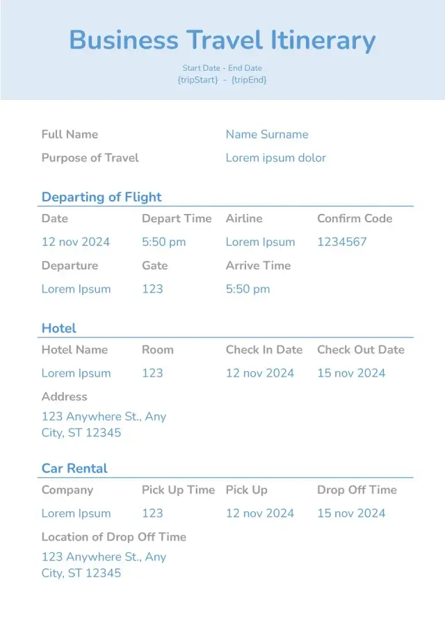 Business Travel Itinerary Template — free Google Docs template